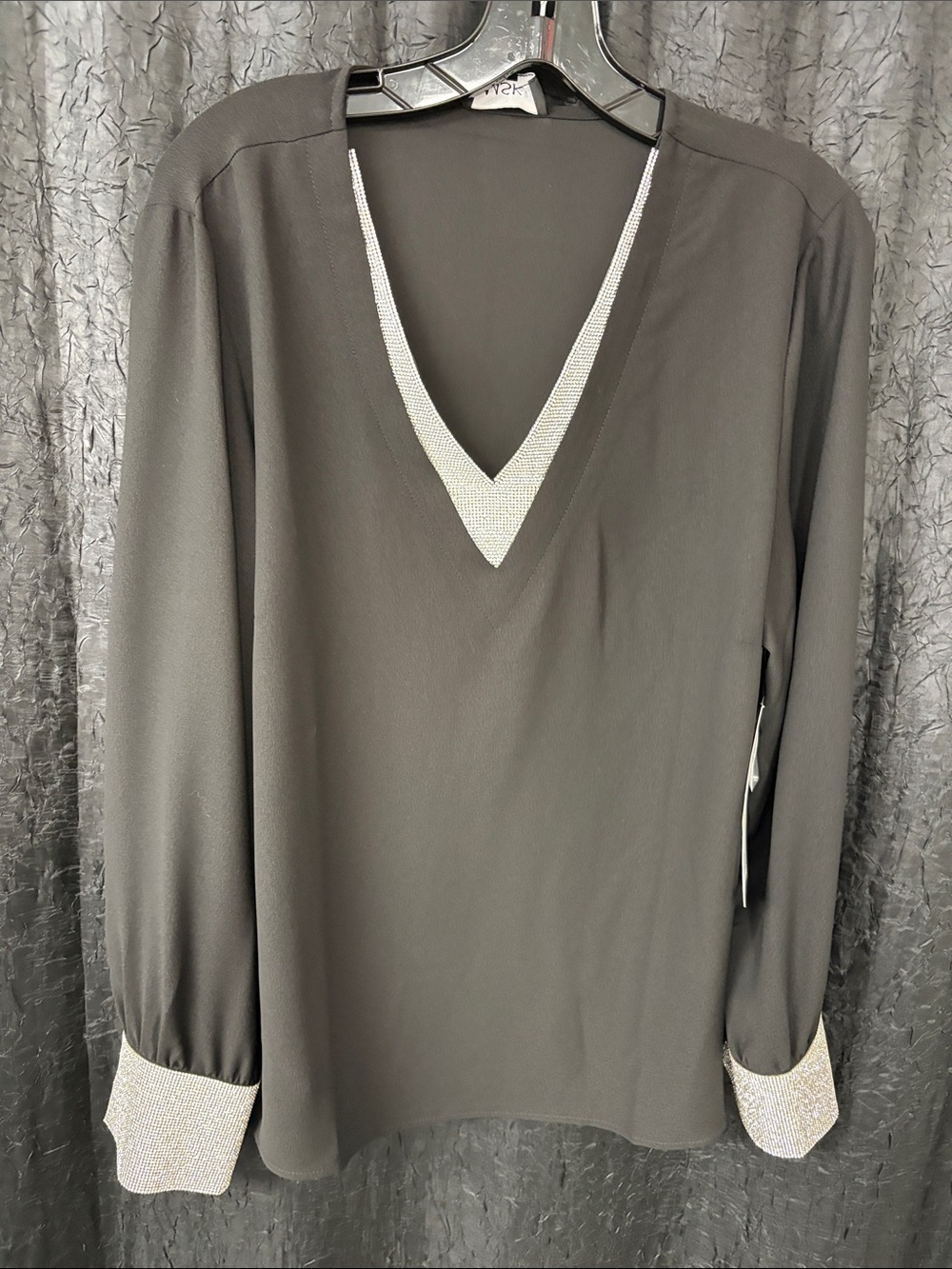 Black V-Neck Long Sleeve Top with Silver Trim- NWT